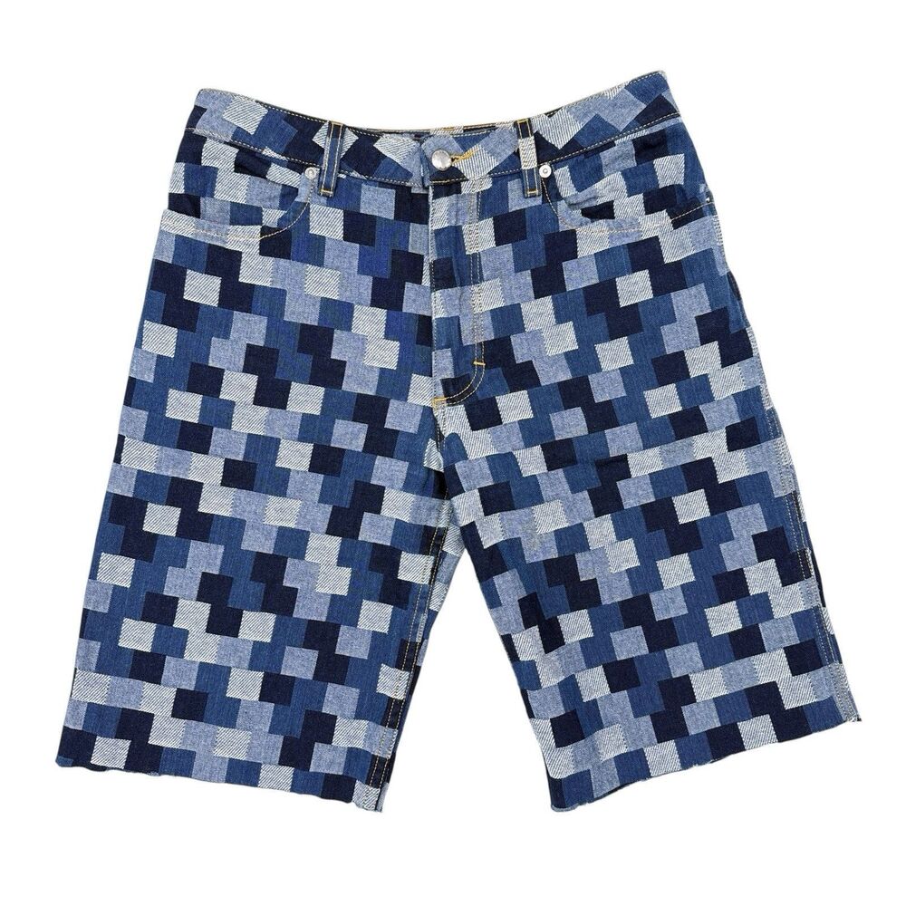 Eckhaus Latta Blue Pixel Patchwork Jean Shorts